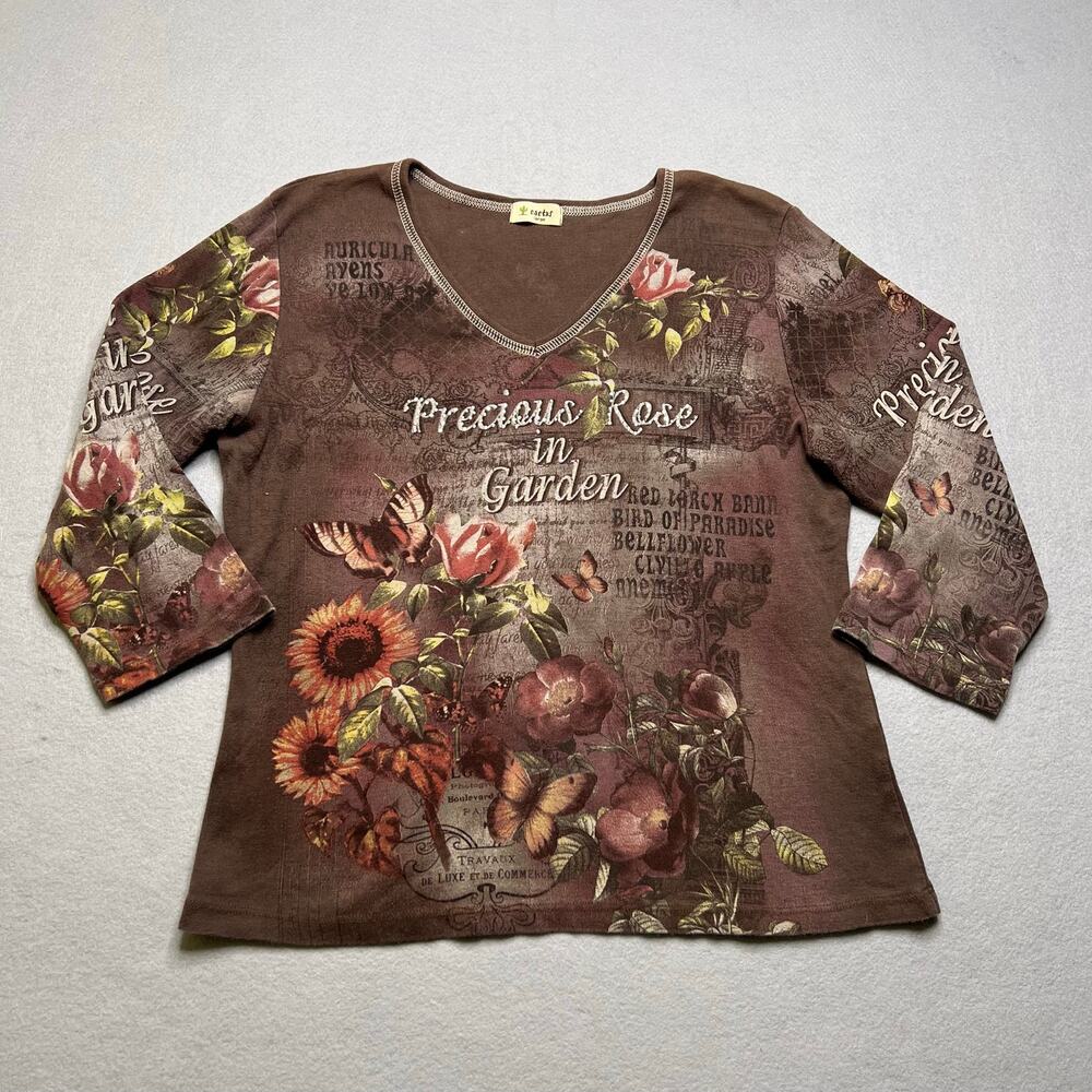 Cactus Women Floral Graphic Top Large Brown Roses Butterfly 3/4 Sleeve Boho Y2K